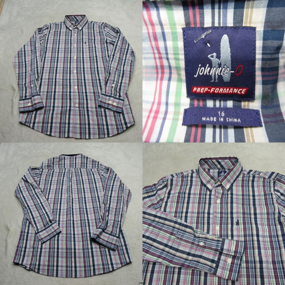 Johnnie-O Prep-Formance Shirt Youth 16 Blue Green Plaid Button Down Long Sleeve
